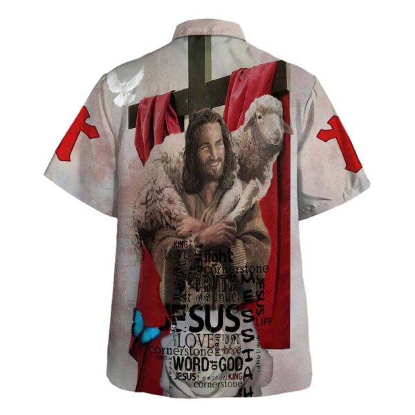 Jesus Holding Lamb Men s Hawaiian Shirt Christian Gift with Bible Verse