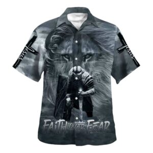 Knight and Lion Armor of God Men s Christian Hawaiian Shirt - Faith Over Fear Jesus Design Perfect Gift for Christian Men