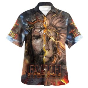 Jesus Praying Lion Christian Cross Hawaiian Shirt for Men - Faith Over Fear Christian Gift