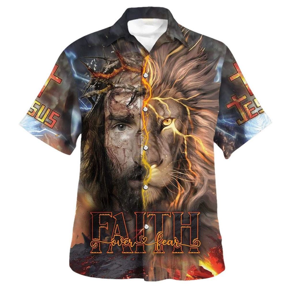Jesus Praying Lion Christian Cross Hawaiian Shirt for Men – Faith Over Fear Christian Gift Jesus Praying Lion Christian Cross Hawaiian Shirt for Men – Faith Over Fear Christian Gift