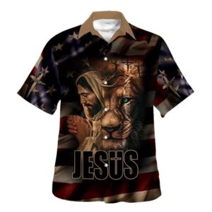 Jesus Lion Of Judah American Flag Hawaiian Shirt for Men - Christian Gift