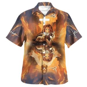 Jesus Lion King & Lamb Cross Christian Hawaiian Shirt for Men Gift for Christian