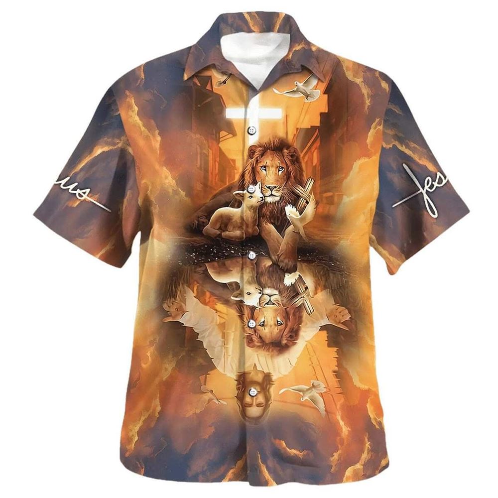 Jesus Lion King & Lamb Cross Christian Hawaiian Shirt for Men Gift for Christian Jesus Lion King & Lamb Cross Christian Hawaiian Shirt for Men Gift for Christian