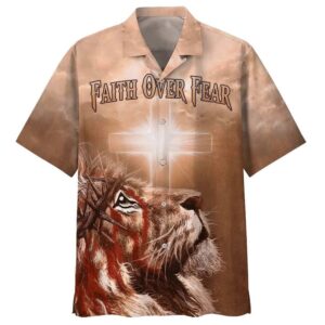Jesus Lion Cross Hawaiian Shirt for Men - Faith Over Fear Christian Gift