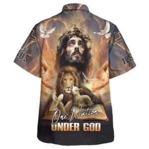 Men s Christian Hawaiian Shirt - One Nation Under God Jesus Lion Cross - Perfect Gift for Christian 1