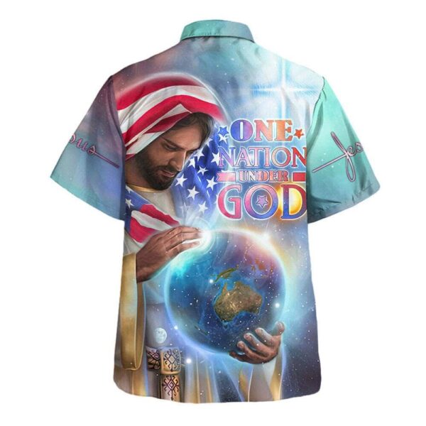 Jesus Holding Earth American Flag Hawaiian Shirt – Religious Independence Day Gift