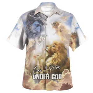 Christian Hawaiian Shirt for Men - One Nation Under God Jesus Christ Lion and Lamb Design - Perfect Gift for Christian