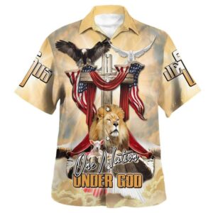 One Nation Under God America Flag Lion And The Lamb Jesus Christian Faith Hawaiian Shirt - Religious Gift