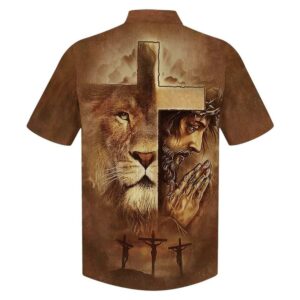 Lion Jesus Pray Cross Christian Hawaiian Shirt for Men Gift for Christian Faith Religious Shirt 1