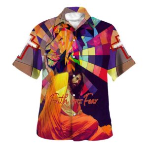Men s Lion Jesus Faith Over Fear Christian Hawaiian Shirt - Perfect Gift for Christian Men