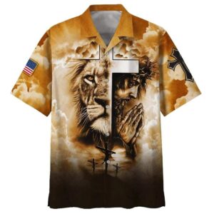 US Flag Lion Pray With Jesus Christian Faith Hawaiian Shirt Men s Gift