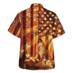 US Flag Jesus Walking With Sheep Hawaiian Shirt for Men - Christian Gift 1