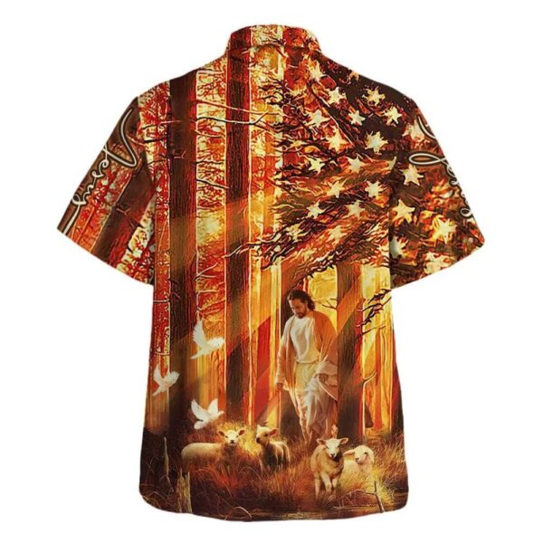 US Flag Jesus Walking With Sheep Hawaiian Shirt for Men – Christian Gift