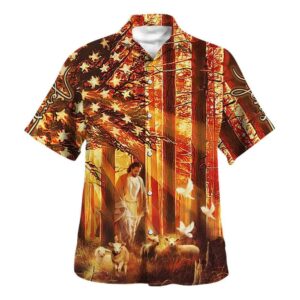 US Flag Jesus Walking With Sheep Hawaiian Shirt for Men - Christian Gift