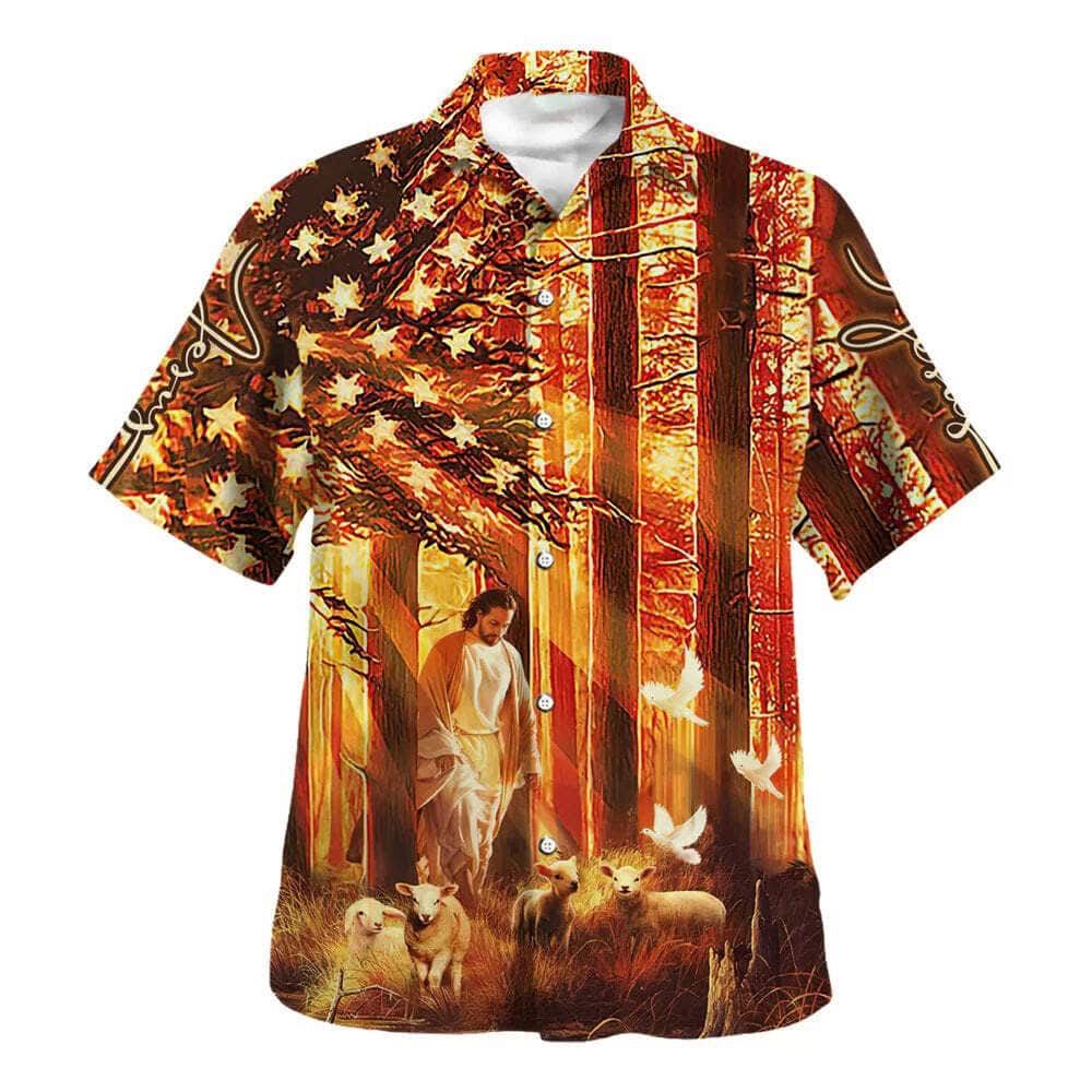 US Flag Jesus Walking With Sheep Hawaiian Shirt for Men – Christian Gift US Flag Jesus Walking With Sheep Hawaiian Shirt for Men – Christian Gift
