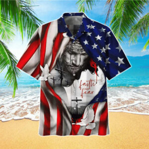 Faith Over Fear Jesus Hawaiian Shirt Christian Art Bag American Flag Hawaiian Shirt for Men & Women