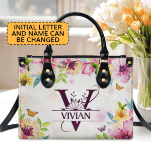 Custom Leather Handbag with Zipper Personalized Initial Letter Gift