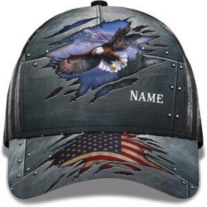 Patriotic Bald Eagle With Us Flag Custom Name Baseball Cap, Christian, Jesus Hat Trucker Classic Hats Gift