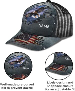 Patriotic Bald Eagle With Us Flag Custom Name Baseball Cap, Christian, Jesus Hat Trucker Classic Hats Gift 3