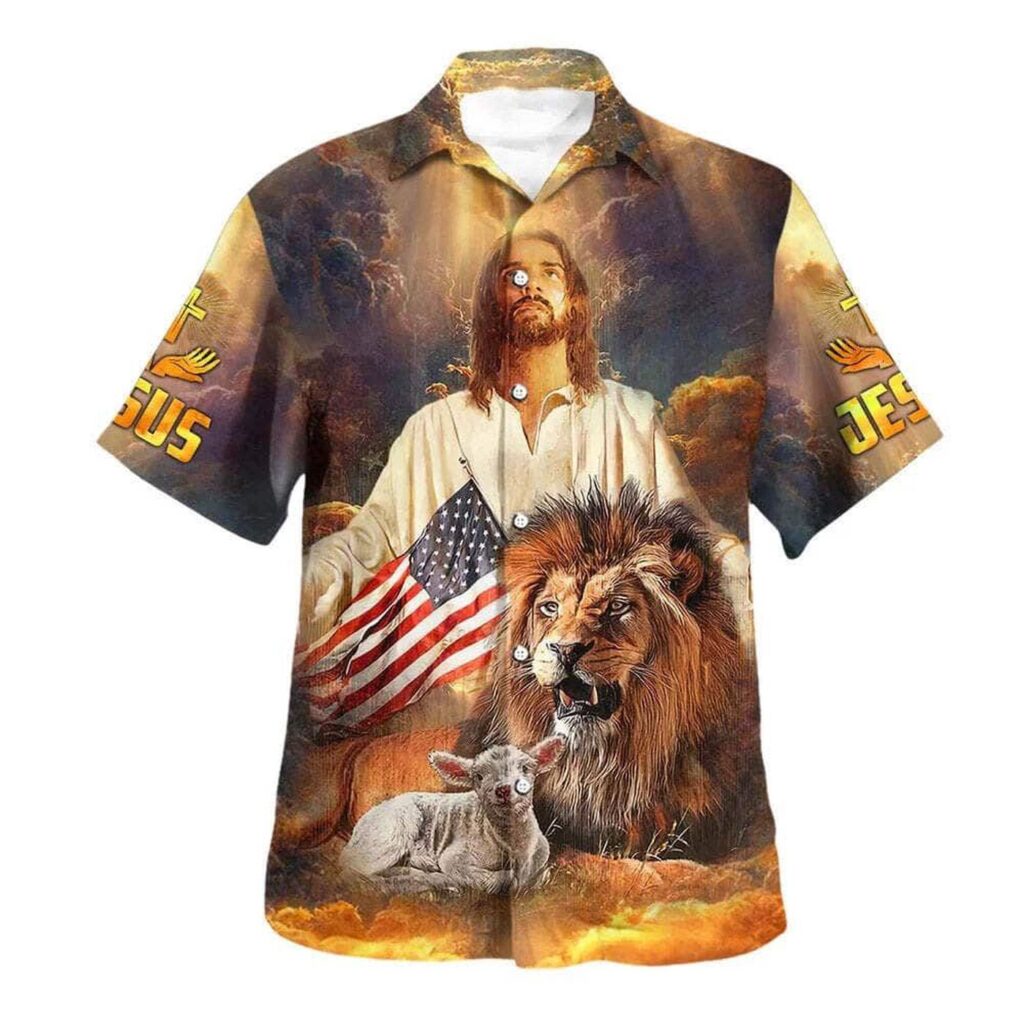 4th of July Jesus Lion & Lamb Christian US Flag Hawaiian Shirt for Men – Gift for Christian 4th of July Jesus Lion & Lamb Christian US Flag Hawaiian Shirt for Men – Gift for Christian