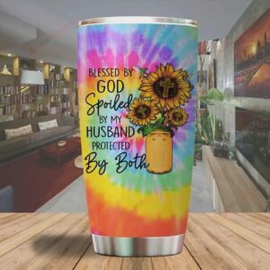 A Blessed By God Spoiled By My Husband Sunflower Jesus Stainless Steel Tumbler Cup | Travel Mug | Colorful - Tumbler 20oz - Jesus Lover Men Women