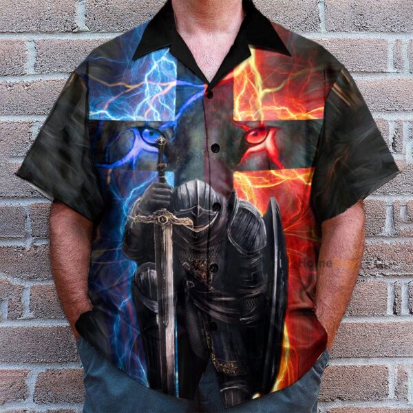 Warrior of Christ Hawaiian Shirt in Blue N Red: Child of God Man of Faith