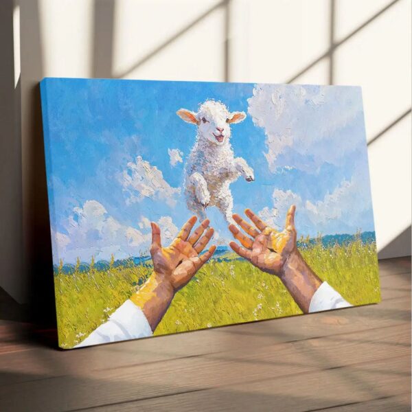 A Lamb Jumps Into Jesus’ Arms Christian Wall Art Canvas
