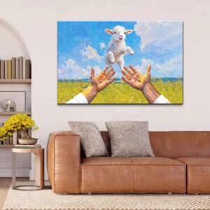 A Lamb Jumps Into Jesus' Arms Christian Wall Art Canvas
