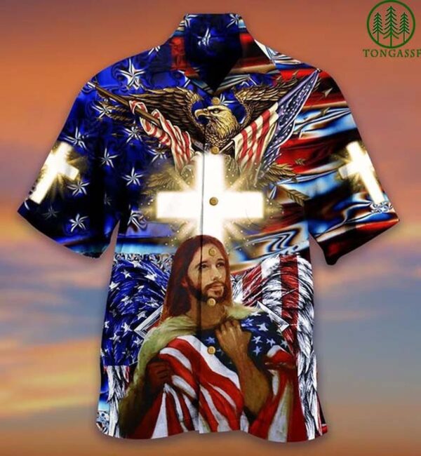 America and Jesus Bless Hawaiian Shirt – Patriotic Christian Aloha Top