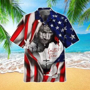 Faith Over Fear Jesus Hawaiian Shirt with American Flag - Patriotic Christian Apparel