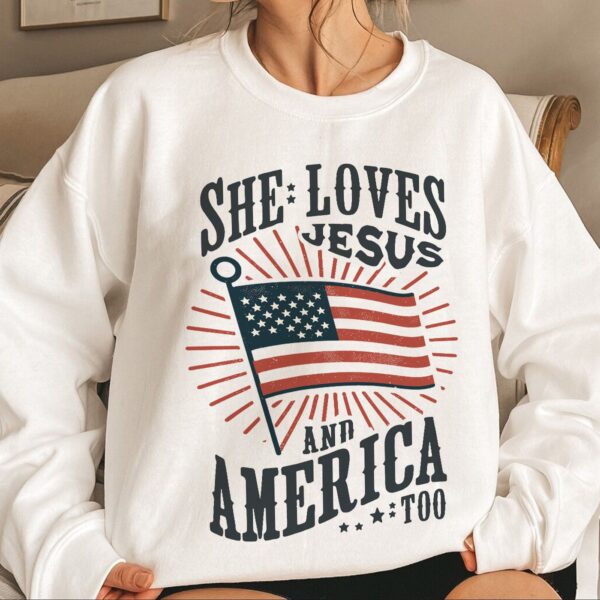 American Flag Tshirt: She Loves Jesus & America Independence Day Hoodie Christian Gifts Mug