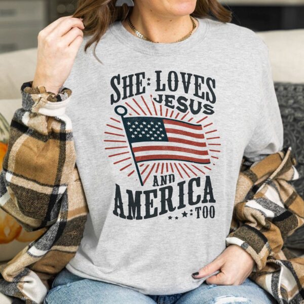 American Flag Tshirt: She Loves Jesus & America Independence Day Hoodie Christian Gifts Mug
