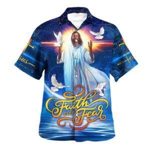 Men s Christian Hawaiian Shirt: Bible Verse Faith Over Fear Design with Jesus and Dove - Perfect Gift for Christians