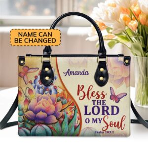 Psalm 103:1 Personalized Leather Handbag with Handle - Flower & Butterfly Gift