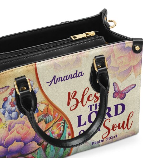Psalm 103:1 Personalized Leather Handbag with Handle – Flower & Butterfly Gift