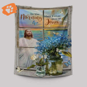 Blue Flowers Sunrise Ocean Tapestry - Morning Rise with Jesus