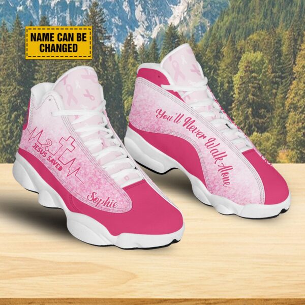 Breast Cancer Warrior Personalized Basketball Shoes Jesus Saved Heartbeat Running Shoes You’ll Never Walk Alone Breast Cancer Support Gift