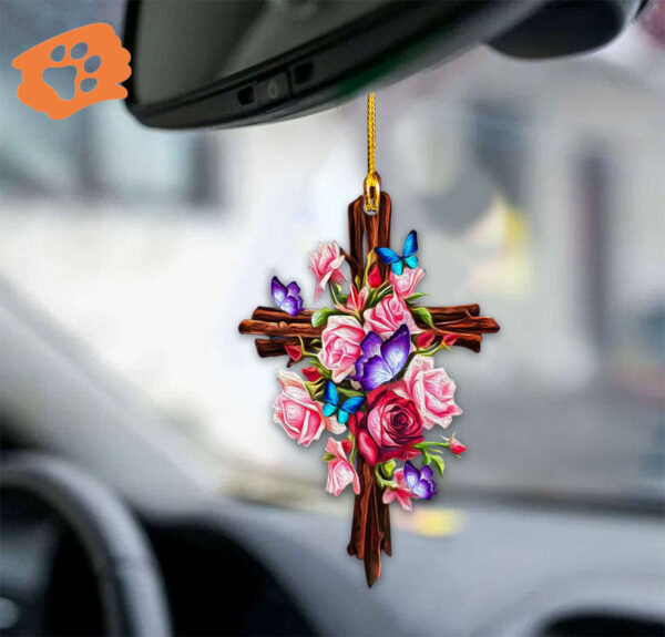 Beautiful Butterfly Roses & Jesus Ornament – Double-Sided Decor for Home