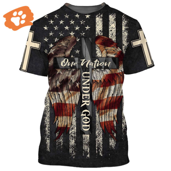 Christ Cross Wings 3D T-Shirt – One Nation Under God American Flag – Perfect Gift for Christian and Jesus Fans