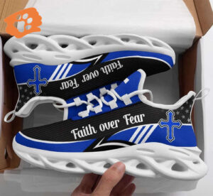 Blue Jesus Faith Over Fear Running Sneakers: Christian Max Soul Shoes for Men and Women - Jesus Fashion Shoes
