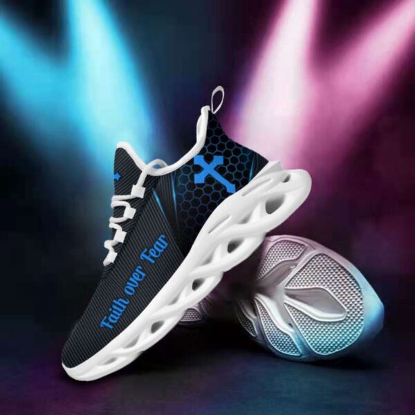 Jesus Faith Over Fear Running Sneakers – Black and Blue Max Soul Shoes for Men and Women – Christian Fashion Shoes