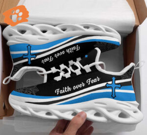 Christian Jesus Faith Over Fear Running Sneakers - Blue White Max Soul Shoes for Men Women