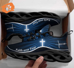 Jesus Faith Over Fear Blue Running Sneakers - Christian Fashion Shoes for Men and Women