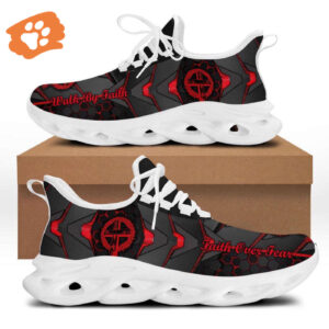 Jesus Red and Black Faith Over Fear Running Sneakers for Men and Women - Christian Best Max Soul Shoes