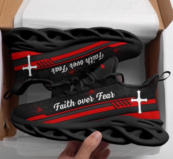 Jesus Red Black Faith Over Fear Running Sneakers – Best Christian Fashion Shoes for Men and Women