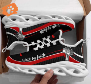 Jesus Walk By Faith Running Sneakers: Red Art Max Soul Shoes for Men and Women - Christian Best Running Shoes