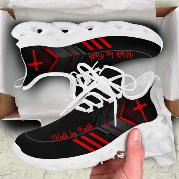 Jesus Walk By Faith Red Black Running Sneakers – Christian Best Fashion Shoes for Men and Women