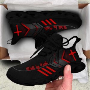 Jesus Walk By Faith Running Sneakers - Red Black Art Max Soul Shoes for Men and Women - Christian Fashion Shoes 1