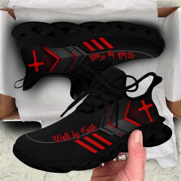 Jesus Walk By Faith Running Sneakers – Red Black Art Max Soul Shoes for Men and Women – Christian Fashion Shoes
