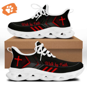 Jesus Walk By Faith Red Black Running Sneakers - Christian Best Fashion Shoes for Men and Women